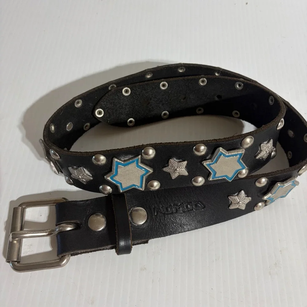 VTG Nomad  Y2K Black Leather Studded Star Belt Silver Enamel Punk Rock Grunge 85